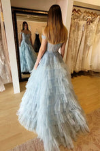 Load image into Gallery viewer, Princess A Line Off the Shoulder Light Blue Corset Prom Dress with Appliques
