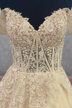 Load image into Gallery viewer, Princess A Line Off the Shoulder Light Blue Corset Prom Dress with Appliques