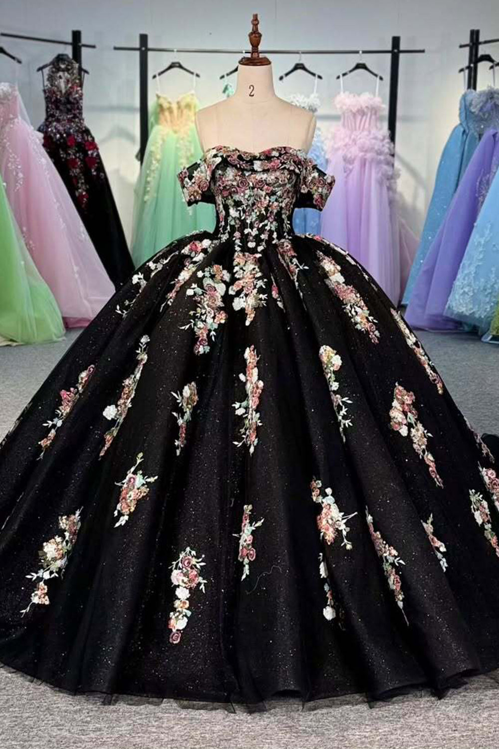 Charming A Line Off the Shoulder Black Ball Gown Quinceanera Dress with Appliques