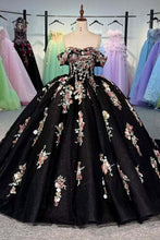 Load image into Gallery viewer, Charming A Line Off the Shoulder Black Ball Gown Quinceanera Dress with Appliques