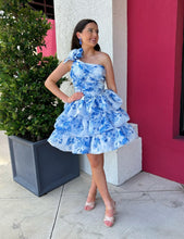 Load image into Gallery viewer, Gorgeous A Line One Shoulder Blue Printed Short Homecoming Dress with 3D Flowers