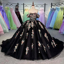 Load image into Gallery viewer, Charming A Line Off the Shoulder Black Ball Gown Quinceanera Dress with Appliques