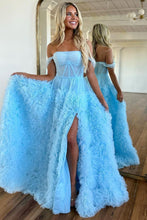 Load image into Gallery viewer, Stunning Princess A-Line Off The Shoulder Long Ruffle Tulle Prom Dress With Split