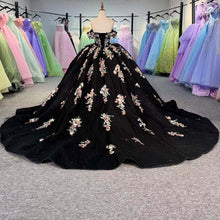 Load image into Gallery viewer, Charming A Line Off the Shoulder Black Ball Gown Quinceanera Dress with Appliques