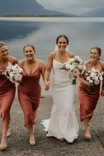 Load image into Gallery viewer, A Line Spaghetti Straps Orange Tea Length Bridesmaid Dress