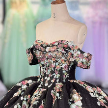 Load image into Gallery viewer, Charming A Line Off the Shoulder Black Ball Gown Quinceanera Dress with Appliques