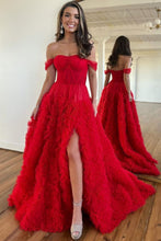 Load image into Gallery viewer, Stunning Princess A-Line Off The Shoulder Long Ruffle Tulle Prom Dress With Split