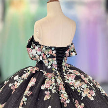 Load image into Gallery viewer, Charming A Line Off the Shoulder Black Ball Gown Quinceanera Dress with Appliques