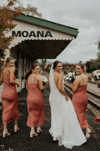 Load image into Gallery viewer, A Line Spaghetti Straps Orange Tea Length Bridesmaid Dress