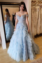Load image into Gallery viewer, Princess A Line Off the Shoulder Light Blue Corset Prom Dress with Appliques