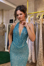 Load image into Gallery viewer, Sparkly Mermaid Halter Neck Blue Sequins Long Party Dress with Train