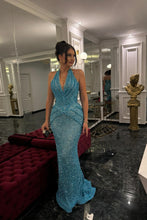 Load image into Gallery viewer, Sparkly Mermaid Halter Neck Blue Sequins Long Party Dress with Train