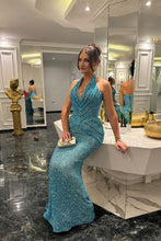 Load image into Gallery viewer, Sparkly Mermaid Halter Neck Blue Sequins Long Party Dress with Train
