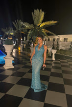 Load image into Gallery viewer, Sparkly Mermaid Halter Neck Blue Sequins Long Party Dress with Train
