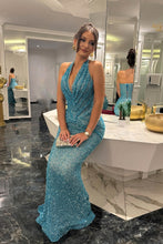Load image into Gallery viewer, Sparkly Mermaid Halter Neck Blue Sequins Long Party Dress with Train