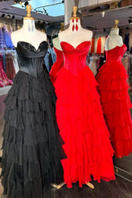 Load image into Gallery viewer, Stunning A-Line Sweetheart Satin Top Long Tiered Chiffon Prom Dress with Slit