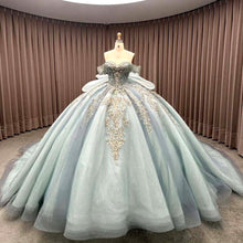 Load image into Gallery viewer, Luxurious A Line Off the Shoulder Light Blue Quinceanera Dress with Beading Bowknot