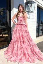 Load image into Gallery viewer, Charming Pink A-Line Strapless Long Print Tulle Prom Party Dress