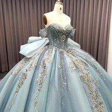 Load image into Gallery viewer, Luxurious A Line Off the Shoulder Light Blue Quinceanera Dress with Beading Bowknot