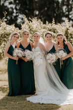 Load image into Gallery viewer, A Line Spaghetti Straps Green Long Bridesmaid Dress with Split Front