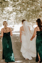 Load image into Gallery viewer, A Line Spaghetti Straps Green Long Bridesmaid Dress with Split Front
