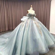 Load image into Gallery viewer, Luxurious A Line Off the Shoulder Light Blue Quinceanera Dress with Beading Bowknot