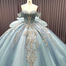 Load image into Gallery viewer, Luxurious A Line Off the Shoulder Light Blue Quinceanera Dress with Beading Bowknot