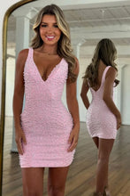 Load image into Gallery viewer, Trendy Sheath V Neck Fuchsia Short Homecoming Dress with Pearls