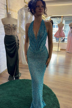 Load image into Gallery viewer, Sparkly Mermaid Halter Neck Blue Sequins Long Party Dress with Train