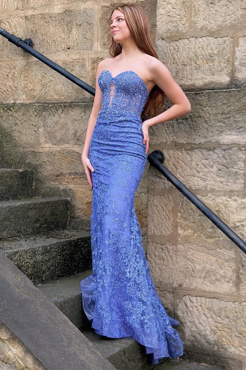 Luuvis Glitter Blue Mermaid Sweetheart Long Prom Dress with Appliques