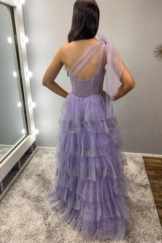Charming A Line One Shoulder Purple Corset Prom Dress with Ruffles