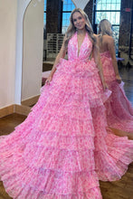 Load image into Gallery viewer, Charming A Line Halter Neck Pink Printed Long Prom Dress with Open Back