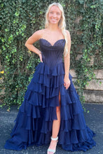 Load image into Gallery viewer, Stunning A-Line Sweetheart Satin Top Long Tiered Chiffon Prom Dress with Slit