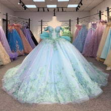 Load image into Gallery viewer, Charming A Line Off the Shoulder Light Blue Quinceanera Dress with Appliques Bowknot