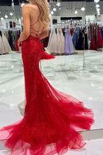 Load image into Gallery viewer, Hot Mermaid Spaghetti Straps Red Long Prom Dress with Criss Cross Back