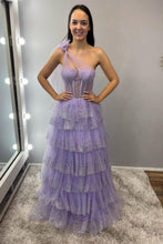 Load image into Gallery viewer, Charming A Line One Shoulder Purple Corset Prom Dress with Ruffles