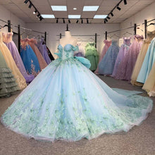 Load image into Gallery viewer, Charming A Line Off the Shoulder Light Blue Quinceanera Dress with Appliques Bowknot