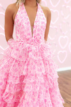 Load image into Gallery viewer, Charming A Line Halter Neck Pink Printed Long Prom Dress with Open Back