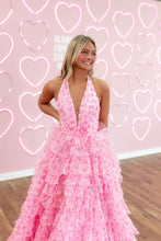Load image into Gallery viewer, Charming A Line Halter Neck Pink Printed Long Prom Dress with Open Back