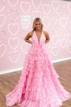 Load image into Gallery viewer, Charming A Line Halter Neck Pink Printed Long Prom Dress with Open Back