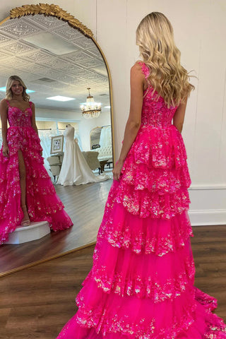 Sparkly Hot Pink A-Line Off The Shoulder Long Tiered Prom Dress With  Appliques