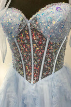 Load image into Gallery viewer, Princess A Line Spaghetti Straps Light Blue Corset Prom Dress with Beading
