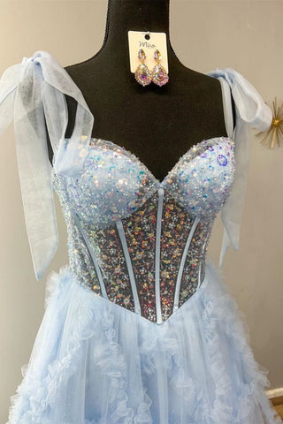 Princess A Line Spaghetti Straps Light Blue Corset Prom Dress with Beading