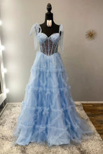 Load image into Gallery viewer, Princess A Line Spaghetti Straps Light Blue Corset Prom Dress with Beading