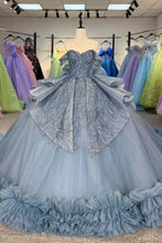 Load image into Gallery viewer, Beautiful A Line Off the Shoulder Grey Blue Ball Gown Quinceanera Dress with Beading Bowknot