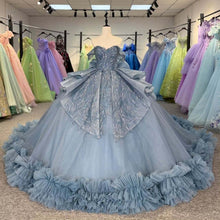 Load image into Gallery viewer, Beautiful A Line Off the Shoulder Grey Blue Ball Gown Quinceanera Dress with Beading Bowknot