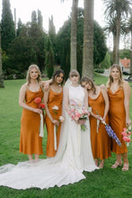 Load image into Gallery viewer, Sheath Spaghetti Straps Orange Tea Length Bridesmaid Dress