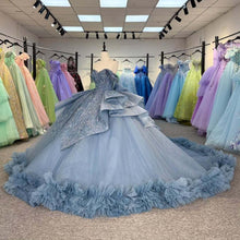 Load image into Gallery viewer, Beautiful A Line Off the Shoulder Grey Blue Ball Gown Quinceanera Dress with Beading Bowknot