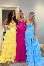 Load image into Gallery viewer, Stunning A-Line Sweetheart Satin Top Long Tiered Chiffon Prom Dress with Slit