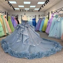 Load image into Gallery viewer, Beautiful A Line Off the Shoulder Grey Blue Ball Gown Quinceanera Dress with Beading Bowknot